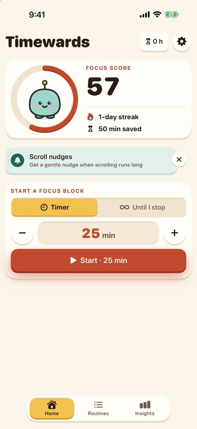 Timewards Home: Pip inside the focus ring with a focus score, a streak, and a card to start a focus block